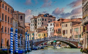 Blue and White Gondola Poles and Bridge